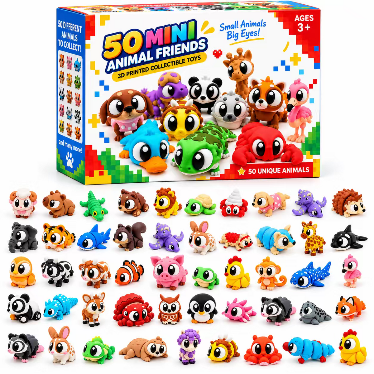 Boxed collection of 50 colorful mini animal friends