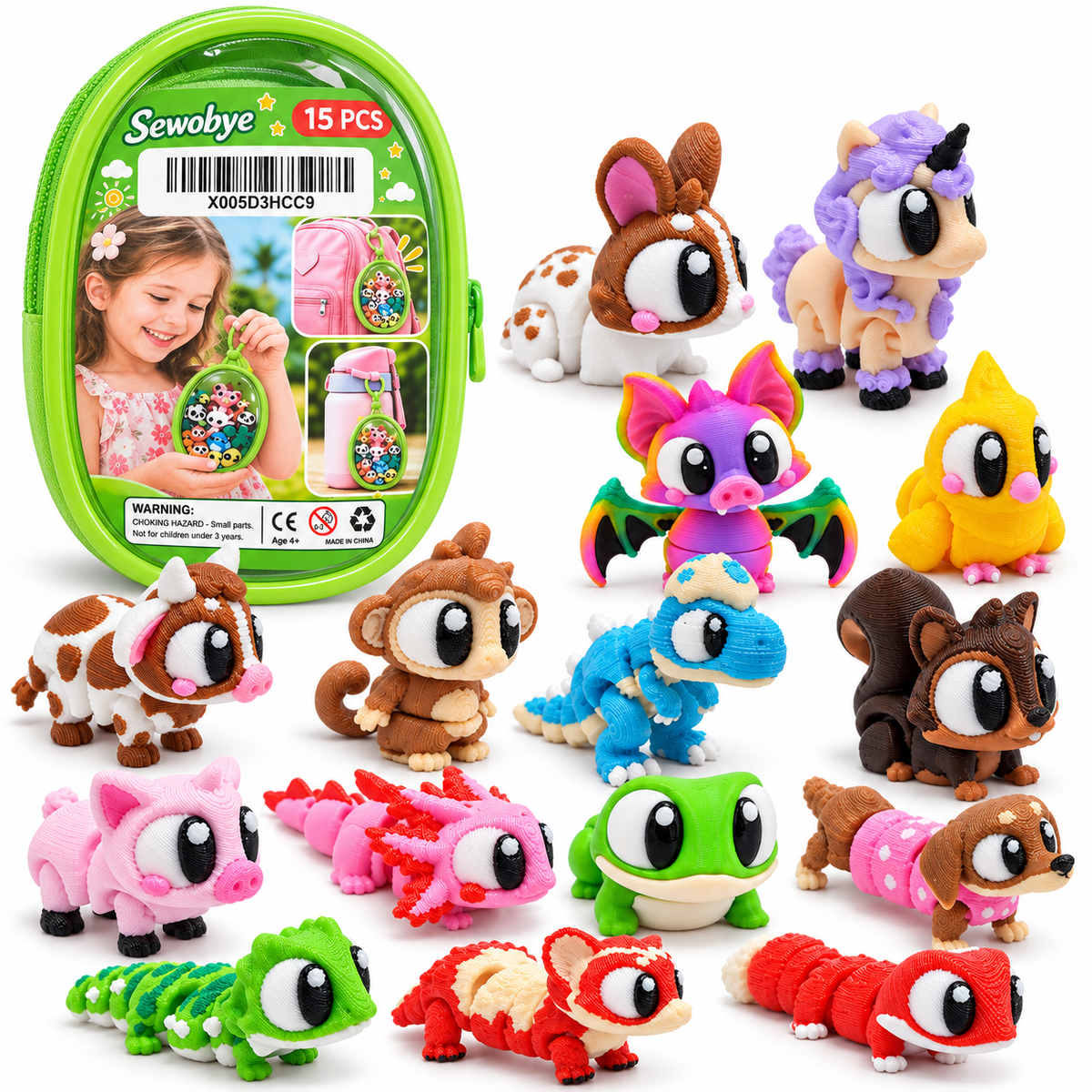 15-Pack Mini Animal Friends with Clip-On Carry Case