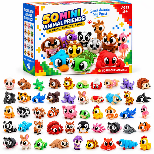 Boxed collection of 50 colorful mini animal friends
