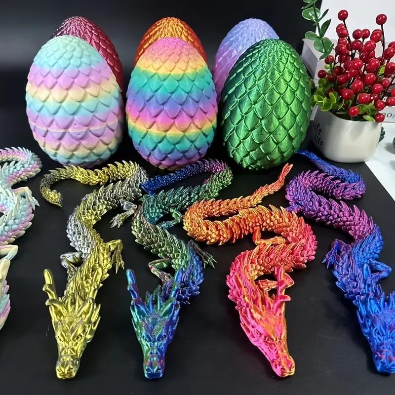 Large 3D Printed Dragon Egg with 24'' Articulated Chinese Dragon - 7” Openable Surprise Easter Egg Hunt Toy, Fantasy Creature Figure, Easter Basket Stuffer Gift for Kids Teens Adults (Black Red)
