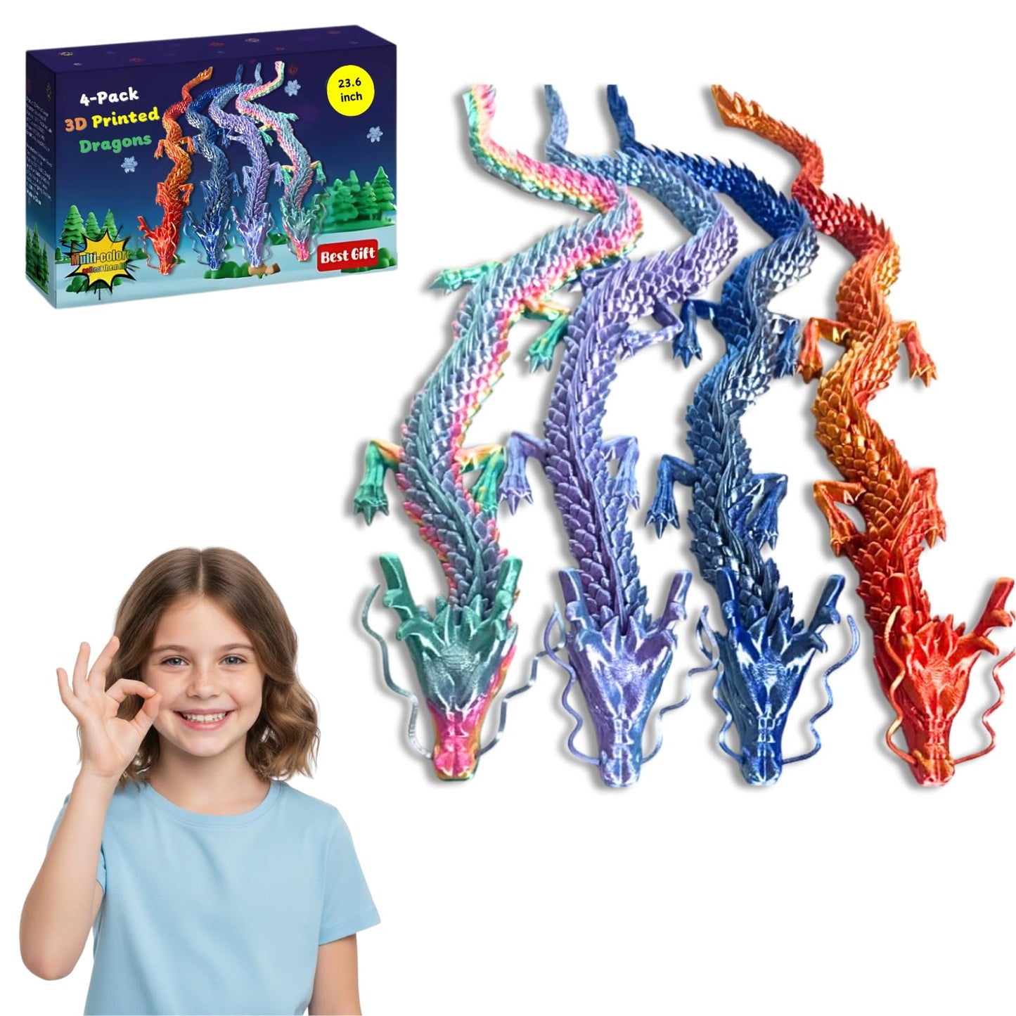 4 Pack 24" Large 3D Printed Dragon Toys, Articulated Chinese Dragons for Family Interaction & Imaginative Play, Collectible Home Office Desk Decor, Unique Birthday & Easter Gifts for Kids