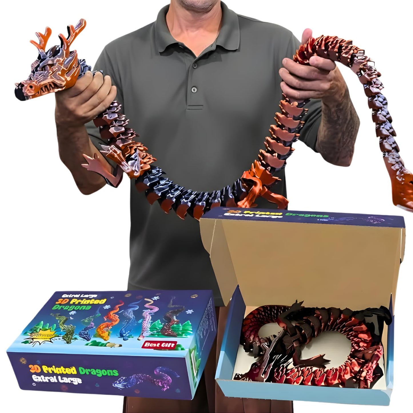 35.4'' Extra Large 3D Printed Dragon Toy, Giant Fully Articulated Chinese Dragon Fidget, Collectible Home Office Desk Decor, Surprise Stress Relief Gifts for Kids & Adults (Green Gradient)