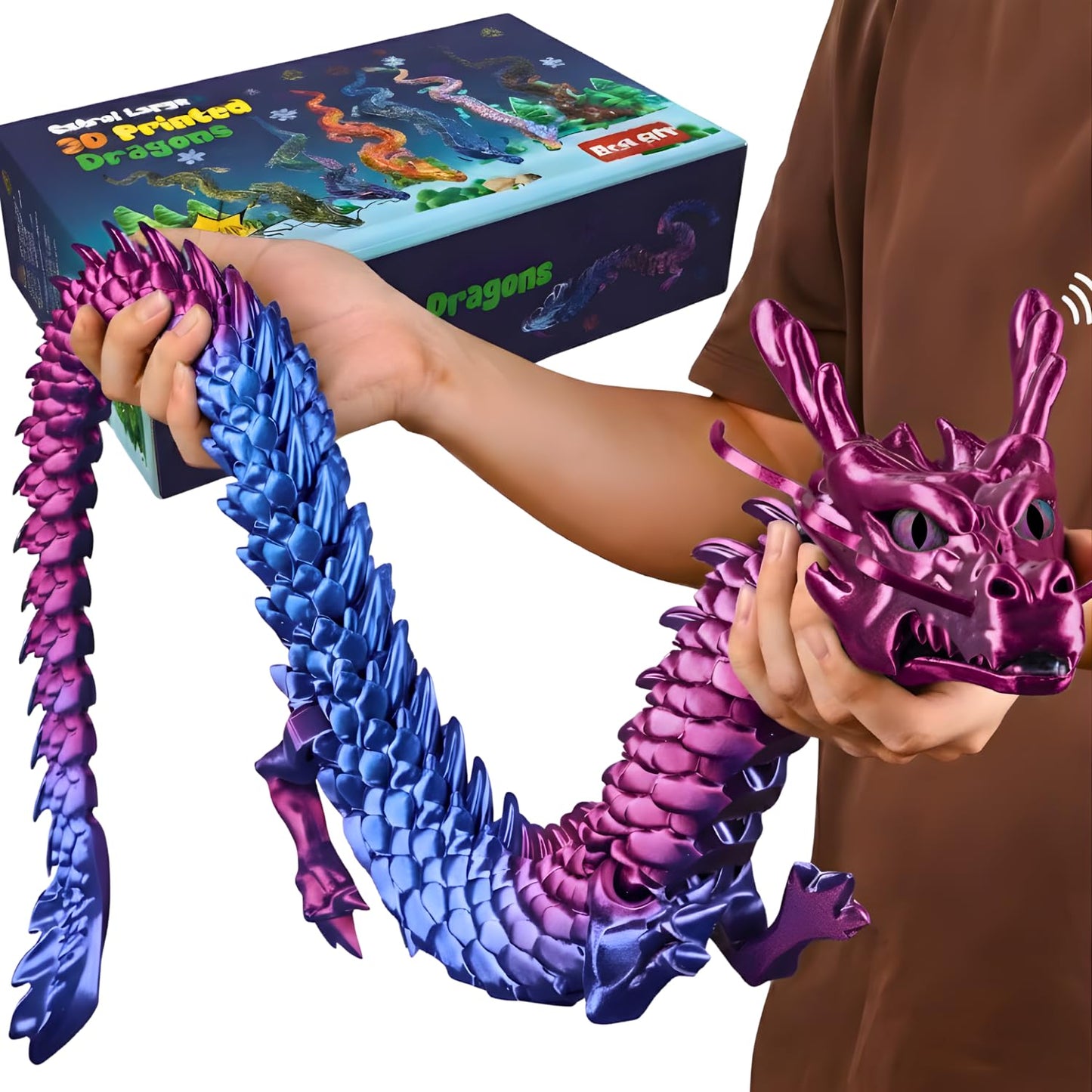 35.4'' Extra Large 3D Printed Dragon Toy, Giant Fully Articulated Chinese Dragon Fidget, Collectible Home Office Desk Decor, Surprise Stress Relief Gifts for Kids & Adults (Green Gradient)