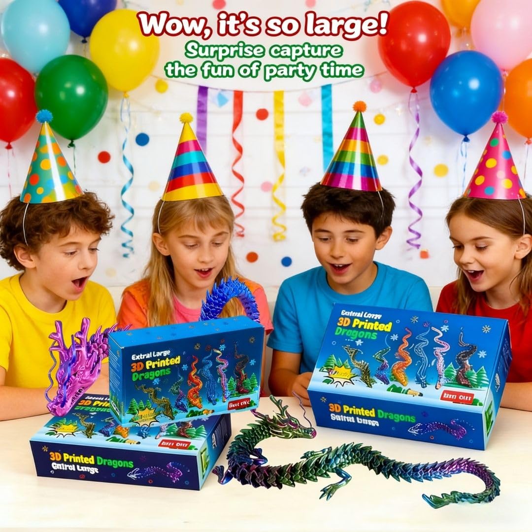 4 Pack 24" Large 3D Printed Dragon Toys, Articulated Chinese Dragons for Family Interaction & Imaginative Play, Collectible Home Office Desk Decor, Unique Birthday & Easter Gifts for Kids