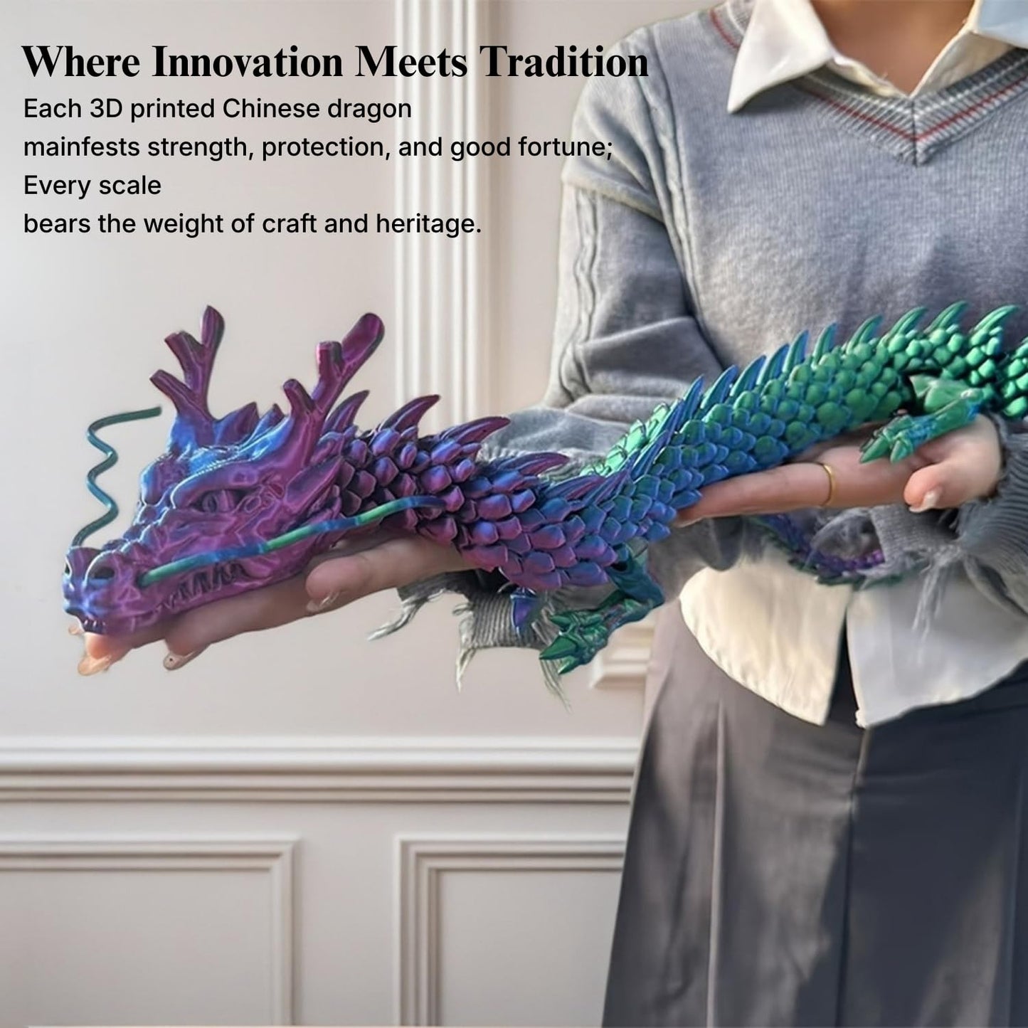 35.4'' Extra Large 3D Printed Dragon Toy, Giant Fully Articulated Chinese Dragon Fidget, Collectible Home Office Desk Decor, Surprise Stress Relief Gifts for Kids & Adults (Green Gradient)