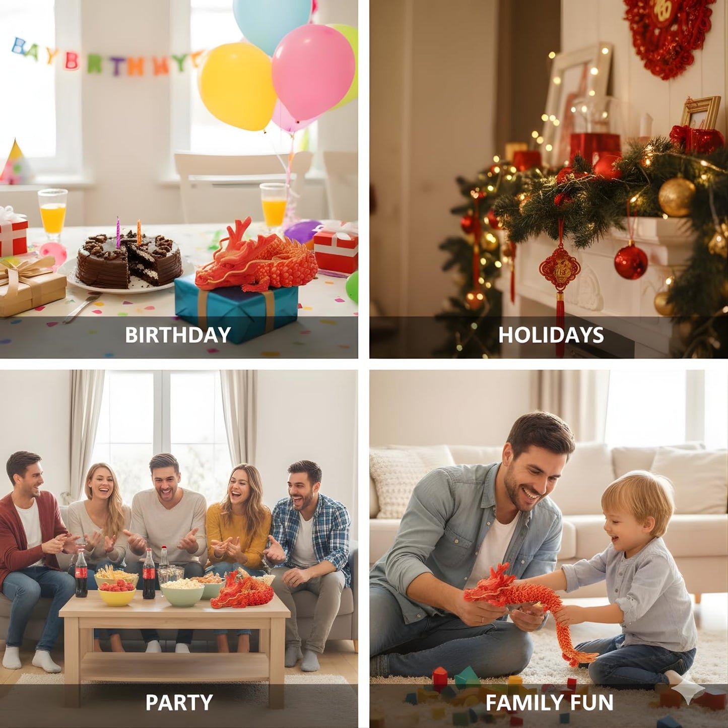 4 Pack 24" Large 3D Printed Dragon Toys, Articulated Chinese Dragons for Family Interaction & Imaginative Play, Collectible Home Office Desk Decor, Unique Birthday & Easter Gifts for Kids