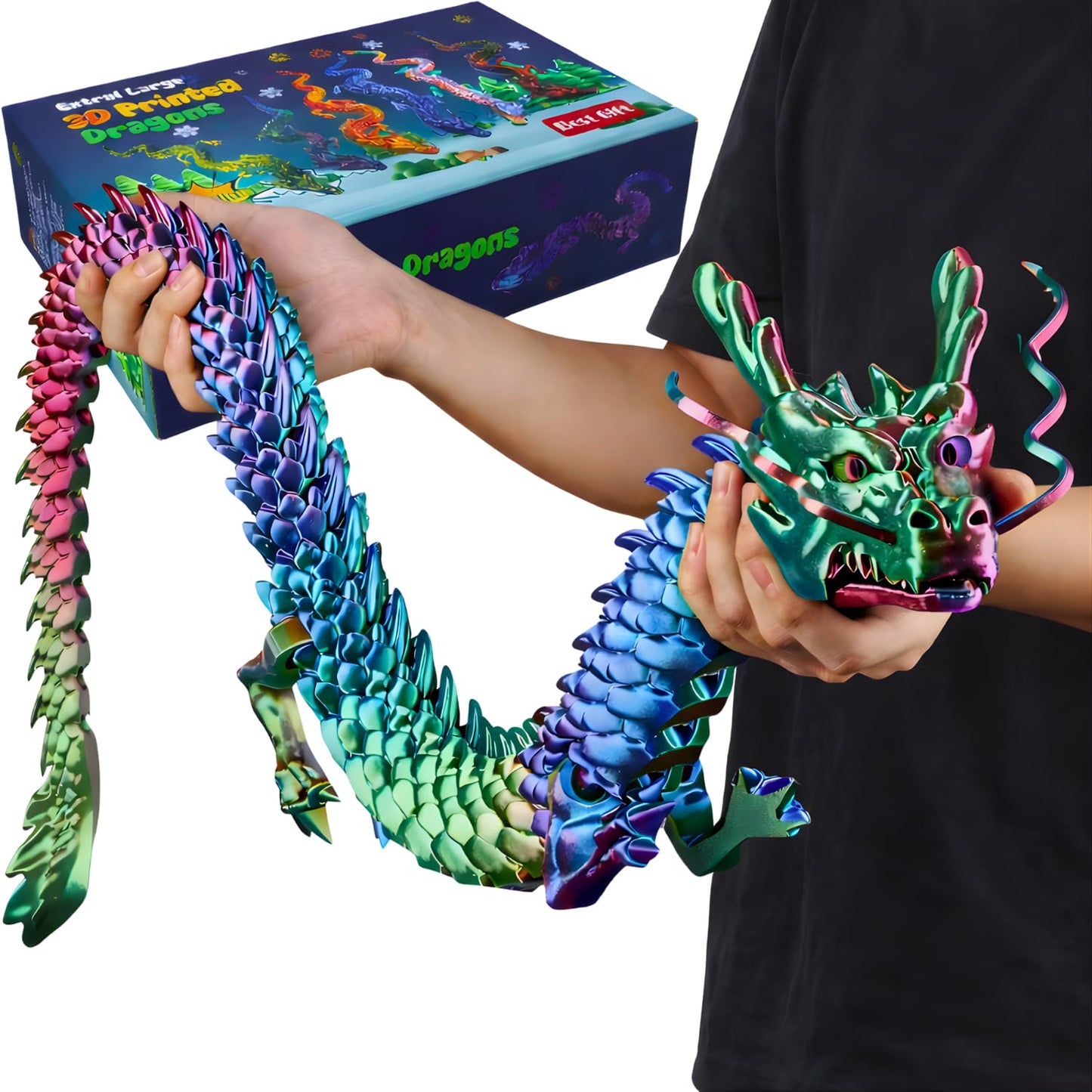 35.4'' Extra Large 3D Printed Dragon Toy, Giant Fully Articulated Chinese Dragon Fidget, Collectible Home Office Desk Decor, Surprise Stress Relief Gifts for Kids & Adults (Green Gradient)