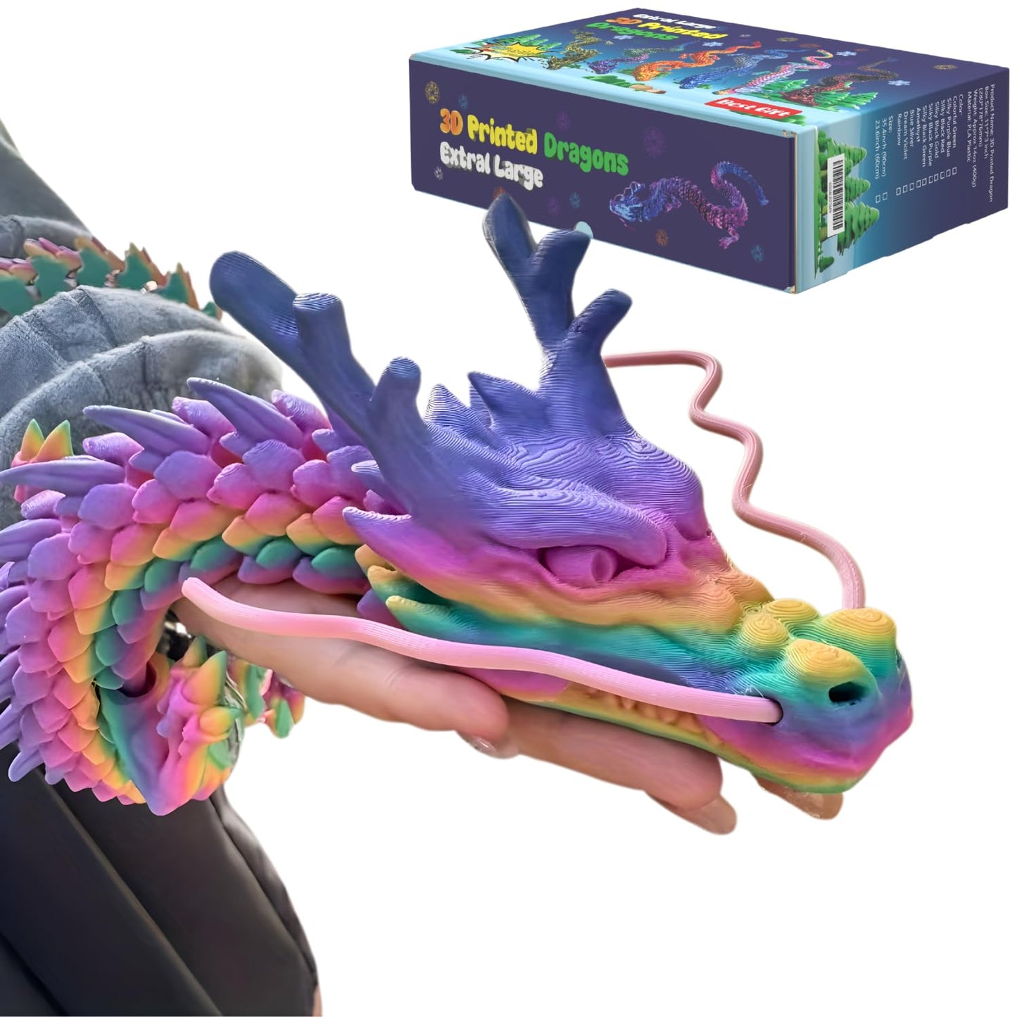 35.4'' Extra Large 3D Printed Dragon Toy, Giant Fully Articulated Chinese Dragon Fidget, Collectible Home Office Desk Decor, Surprise Stress Relief Gifts for Kids & Adults (Green Gradient)