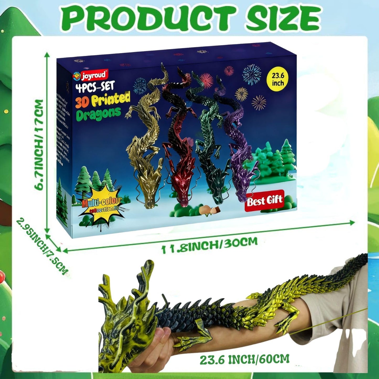 4 Pack 24" Large 3D Printed Dragon Toys, Articulated Chinese Dragons for Family Interaction & Imaginative Play, Collectible Home Office Desk Decor, Unique Birthday & Easter Gifts for Kids