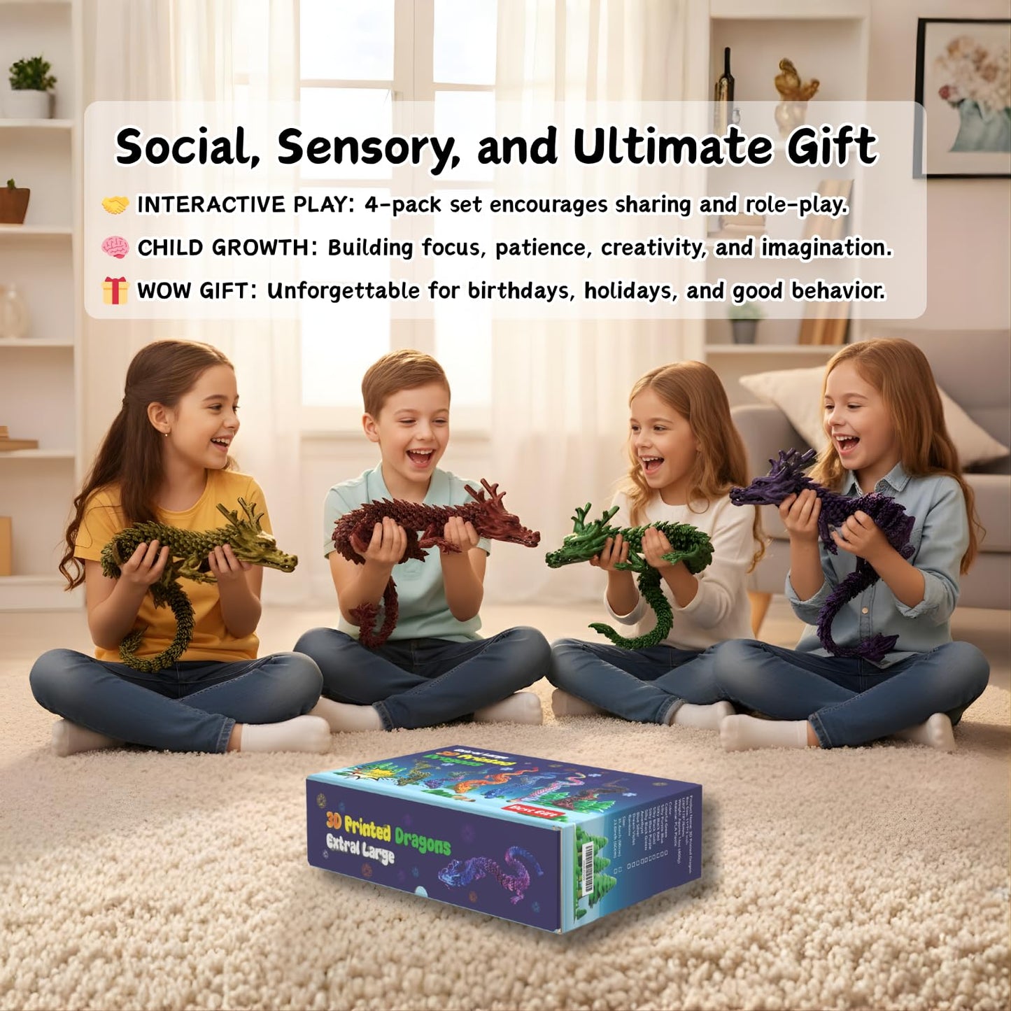 4 Pack 24" Large 3D Printed Dragon Toys, Articulated Chinese Dragons for Family Interaction & Imaginative Play, Collectible Home Office Desk Decor, Unique Birthday & Easter Gifts for Kids