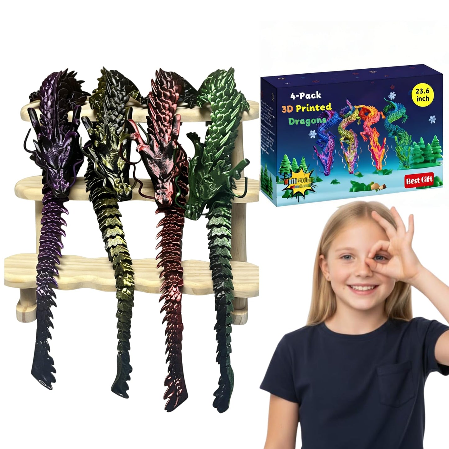 4 Pack 24" Large 3D Printed Dragon Toys, Articulated Chinese Dragons for Family Interaction & Imaginative Play, Collectible Home Office Desk Decor, Unique Birthday & Easter Gifts for Kids