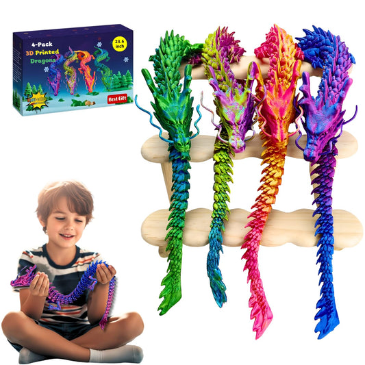 4 Pack 24" Large 3D Printed Dragon Toys, Articulated Chinese Dragons for Family Interaction & Imaginative Play, Collectible Home Office Desk Decor, Unique Birthday & Easter Gifts for Kids