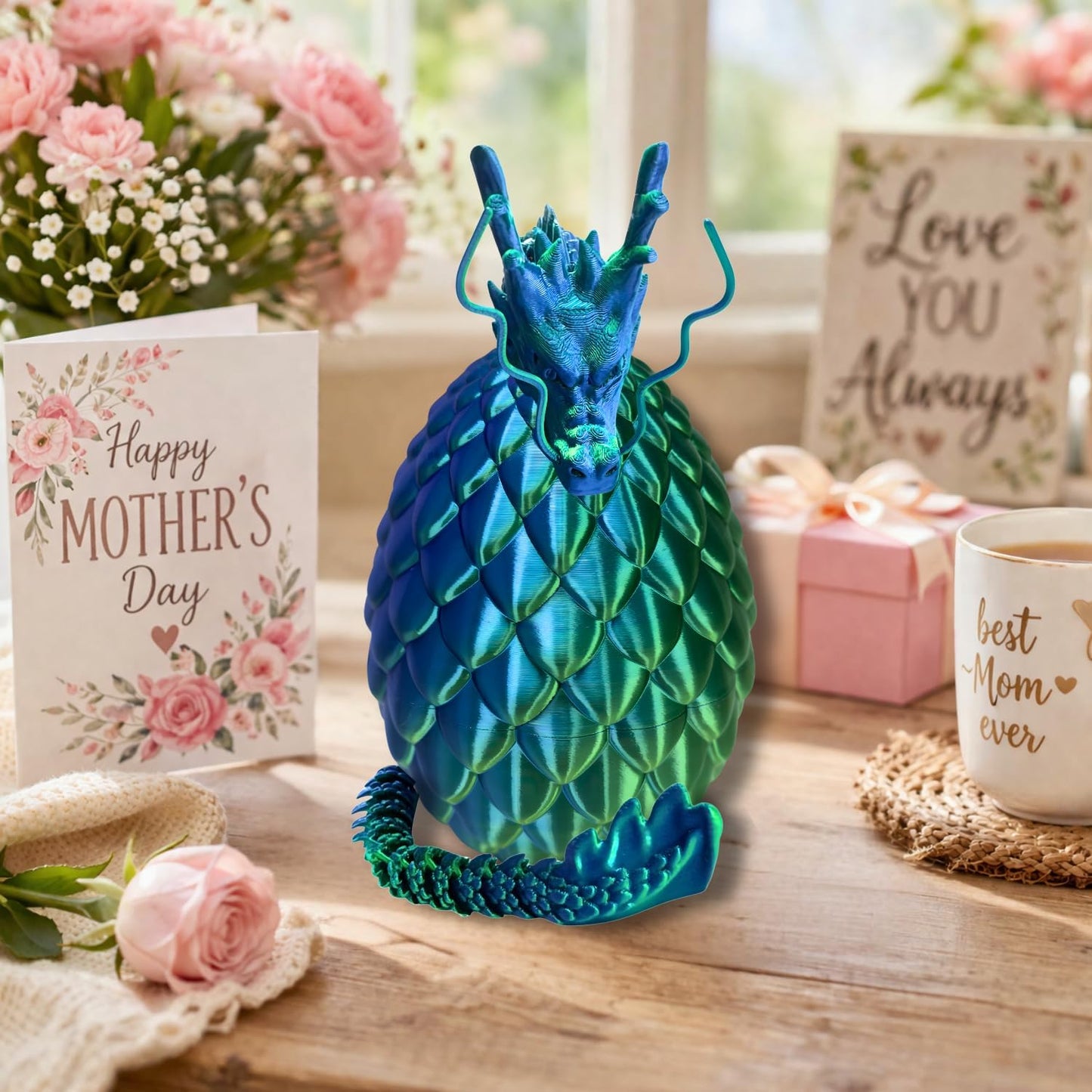 24'' Large 3D Printed Dragon Egg with Chinese Dragon Toy Inside, Reusable Big Dragon Egg for Fidget Play, Desk Decor & Storage, Collectible 2026 Graduation Gifts for Boys Girls Him Her (Blue Green)