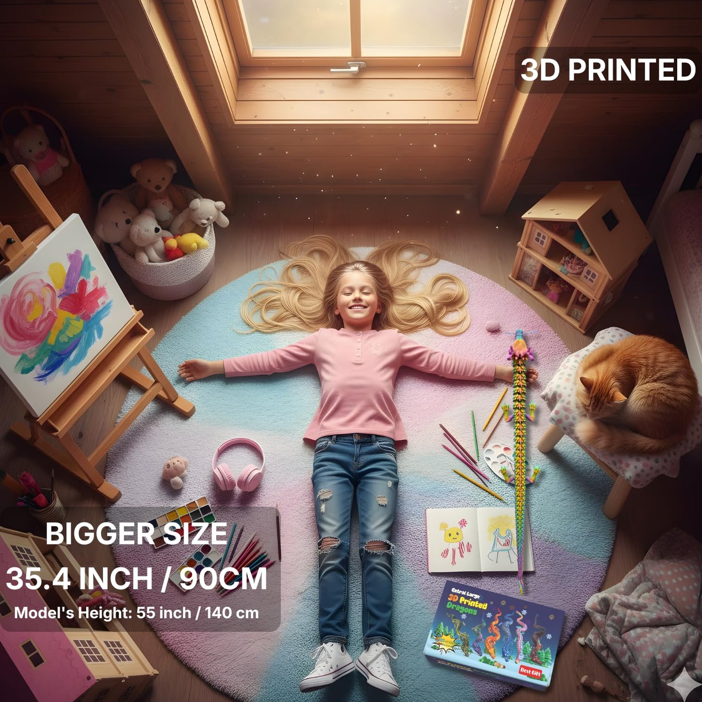 35.4'' Extra Large 3D Printed Dragon Toy, Giant Fully Articulated Chinese Dragon Fidget, Collectible Home Office Desk Decor, Surprise Stress Relief Gifts for Kids & Adults (Green Gradient)