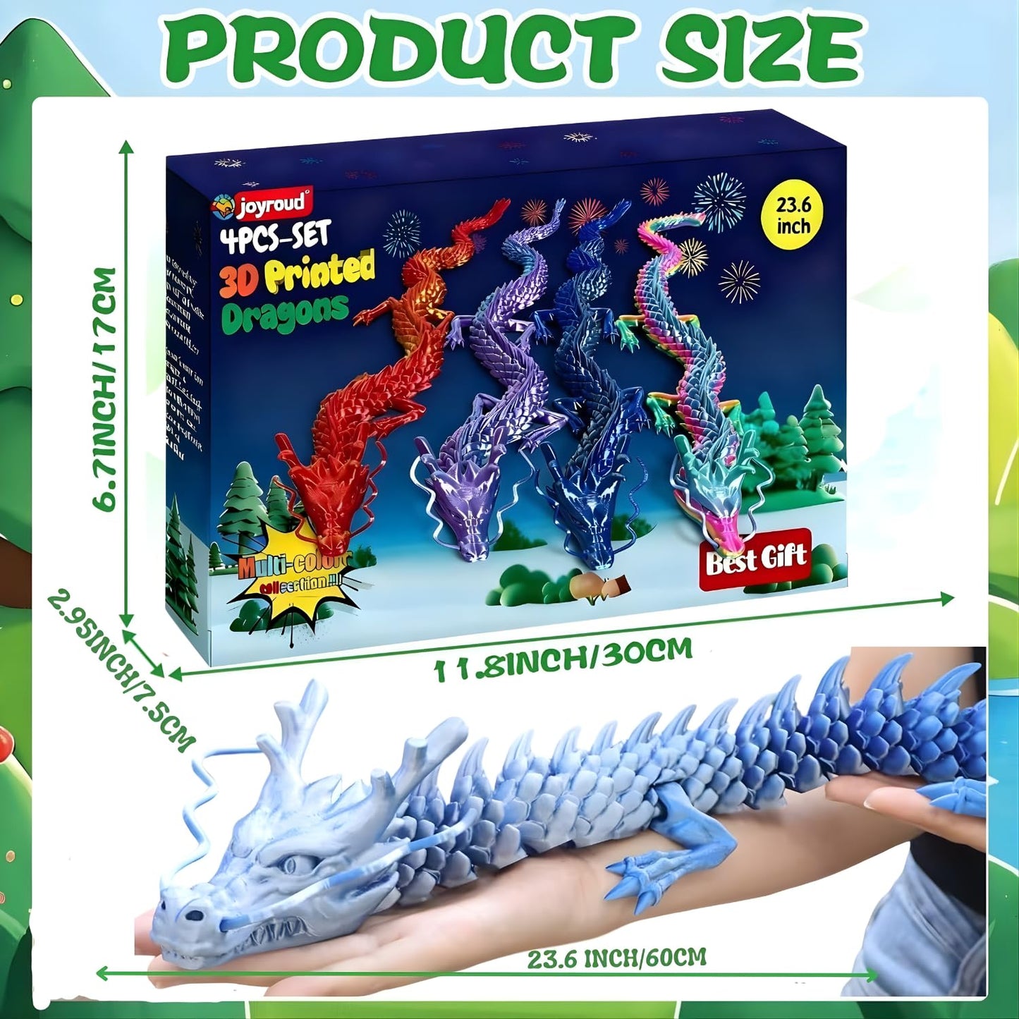 4 Pack 24" Large 3D Printed Dragon Toys, Articulated Chinese Dragons for Family Interaction & Imaginative Play, Collectible Home Office Desk Decor, Unique Birthday & Easter Gifts for Kids