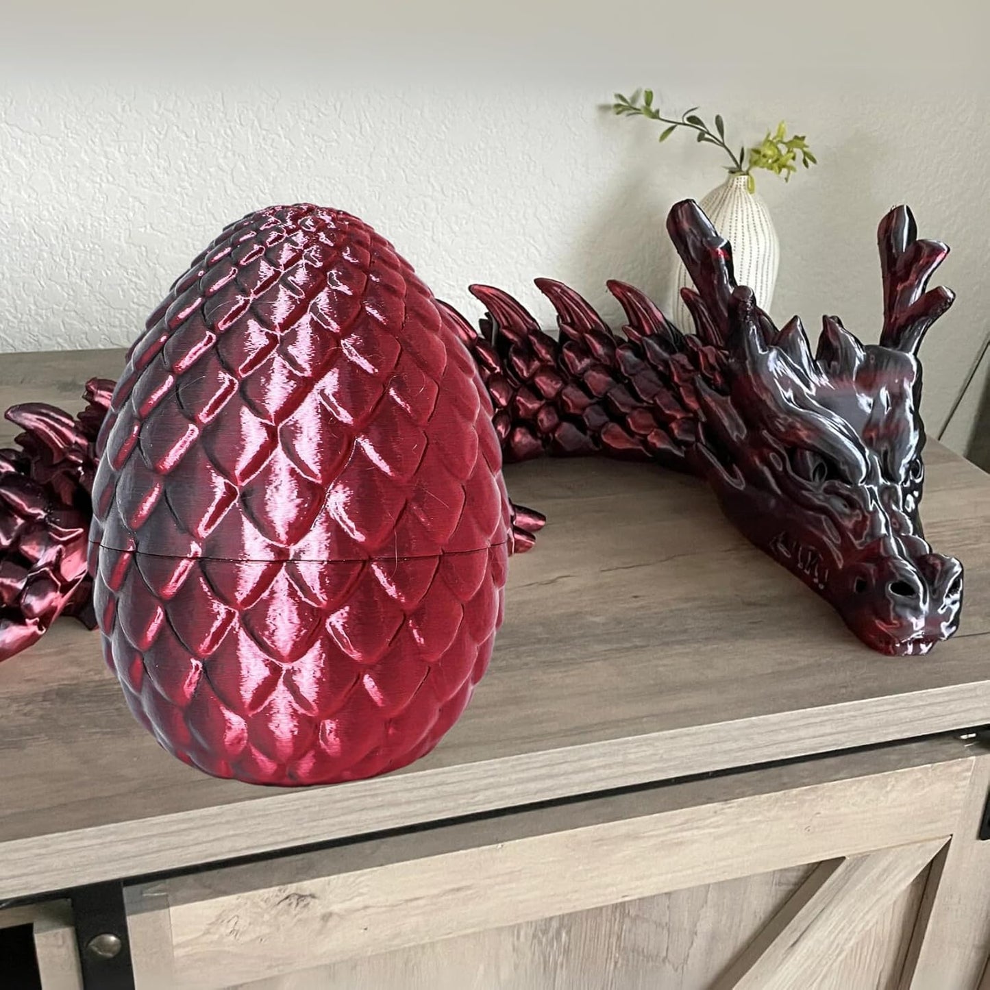 Large 3D Printed Dragon Egg with 24'' Articulated Chinese Dragon - 7” Openable Surprise Easter Egg Hunt Toy, Fantasy Creature Figure, Easter Basket Stuffer Gift for Kids Teens Adults (Black Red)