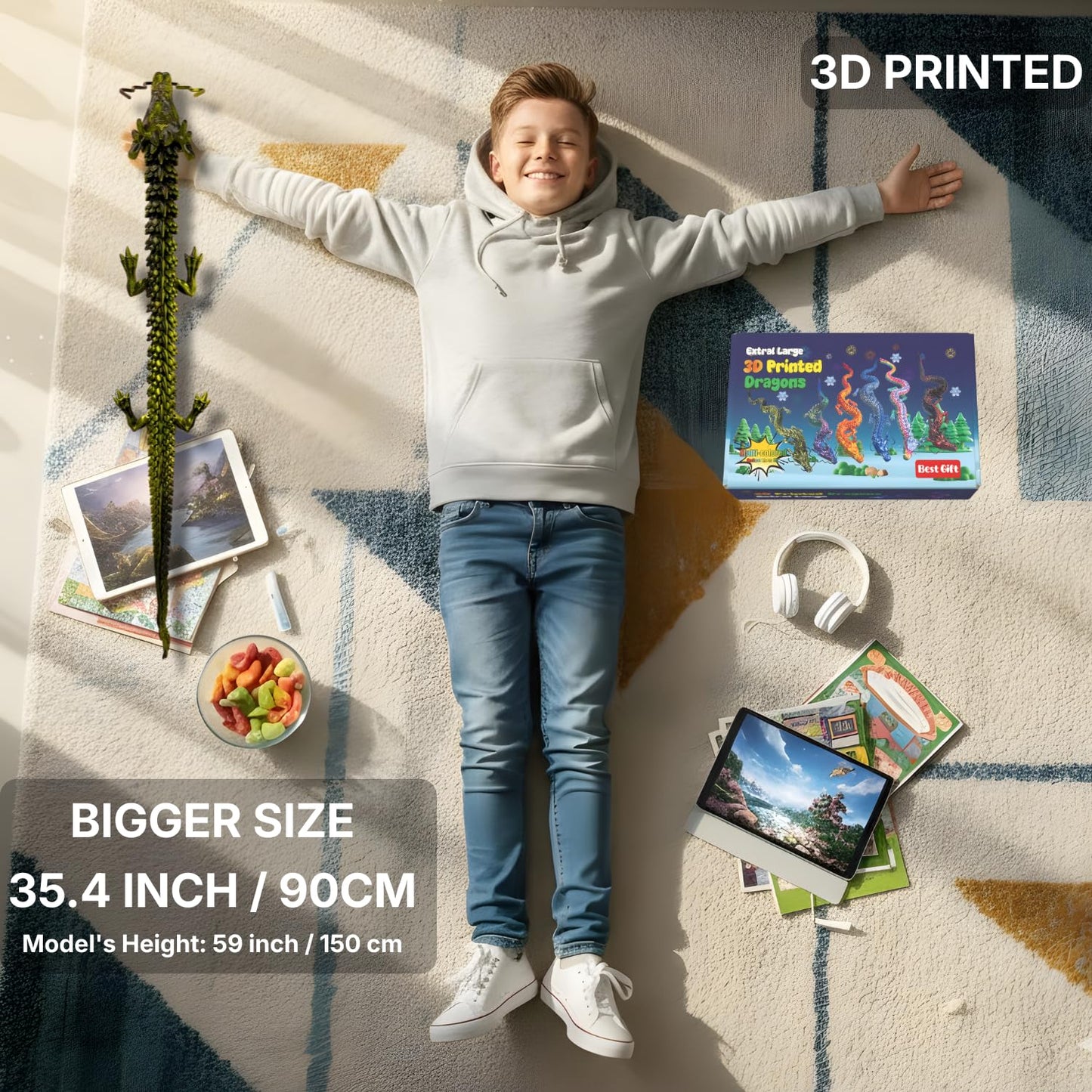 35.4'' Extra Large 3D Printed Dragon Toy, Giant Fully Articulated Chinese Dragon Fidget, Collectible Home Office Desk Decor, Surprise Stress Relief Gifts for Kids & Adults (Green Gradient)