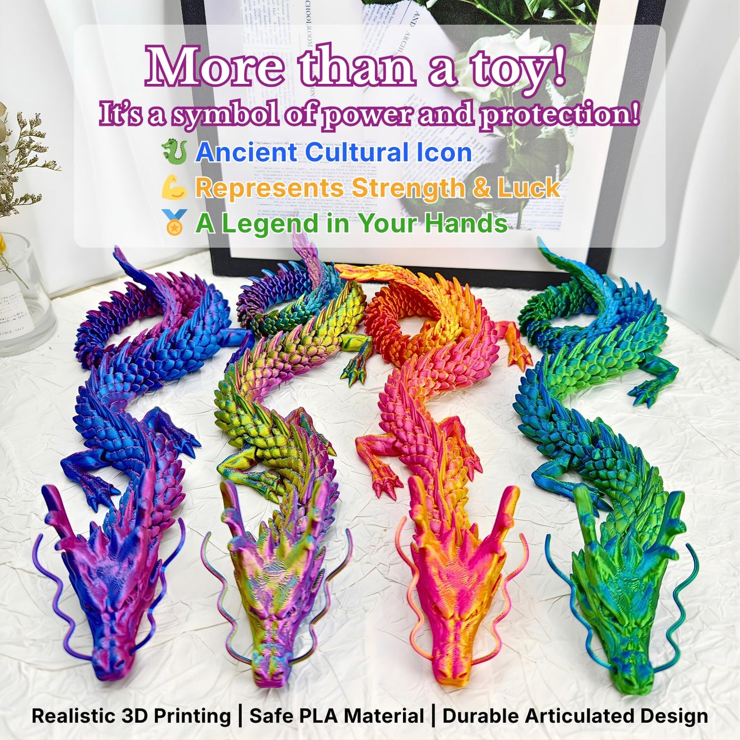 4 Pack 24" Large 3D Printed Dragon Toys, Articulated Chinese Dragons for Family Interaction & Imaginative Play, Collectible Home Office Desk Decor, Unique Birthday & Easter Gifts for Kids