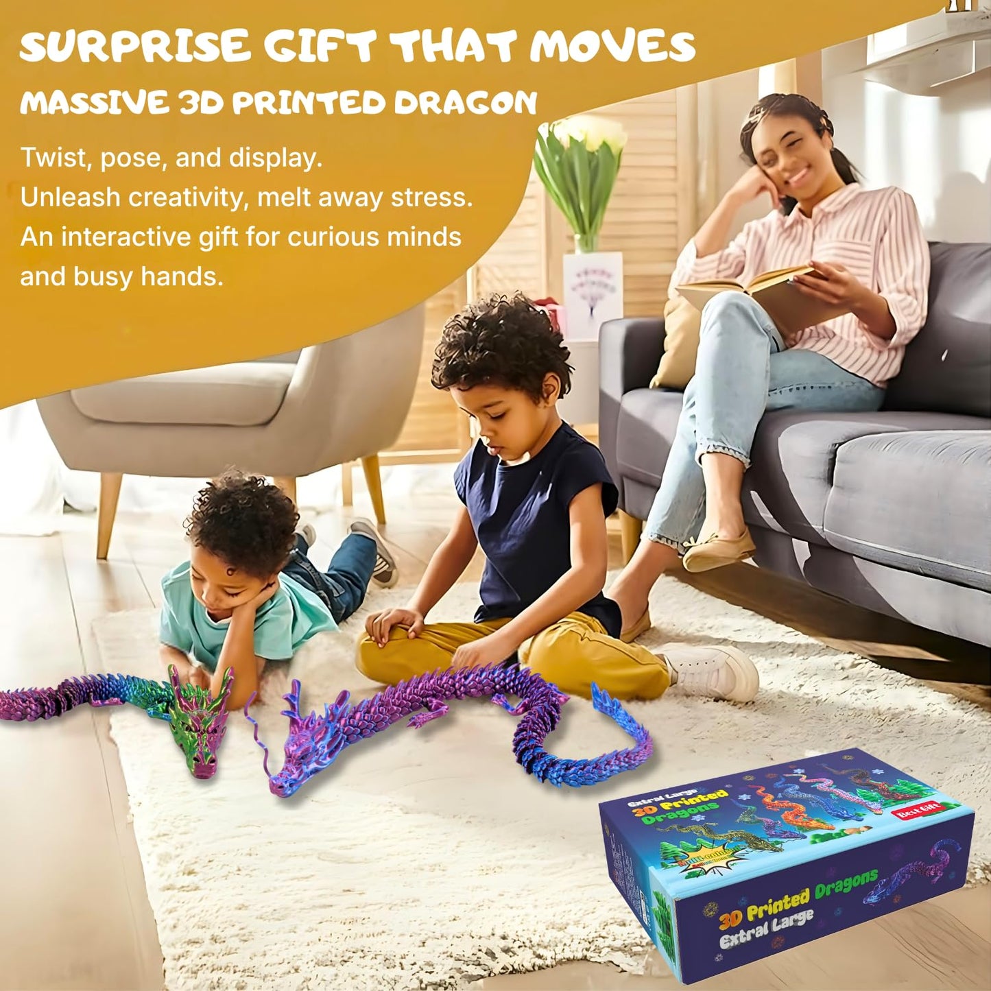 35.4'' Extra Large 3D Printed Dragon Toy, Giant Fully Articulated Chinese Dragon Fidget, Collectible Home Office Desk Decor, Surprise Stress Relief Gifts for Kids & Adults (Green Gradient)
