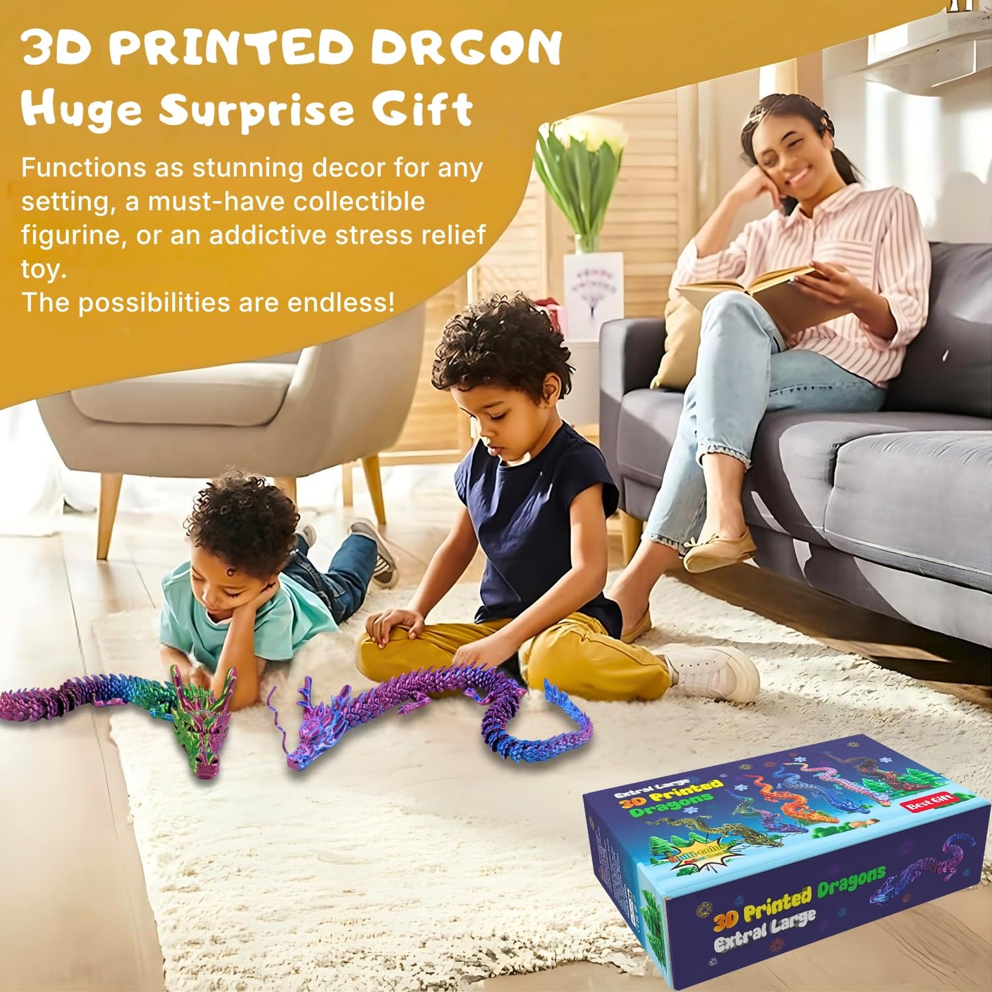 35.4'' Extra Large 3D Printed Dragon Toy, Giant Fully Articulated Chinese Dragon Fidget, Collectible Home Office Desk Decor, Surprise Stress Relief Gifts for Kids & Adults (Green Gradient)