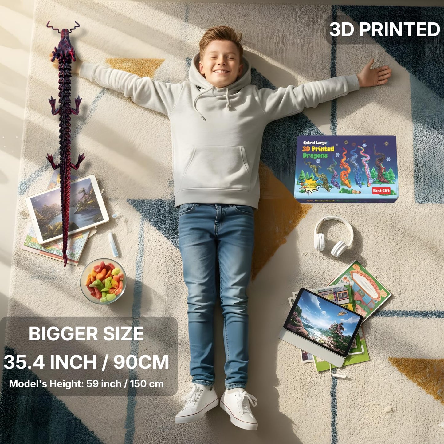 35.4'' Extra Large 3D Printed Dragon Toy, Giant Fully Articulated Chinese Dragon Fidget, Collectible Home Office Desk Decor, Surprise Stress Relief Gifts for Kids & Adults (Green Gradient)
