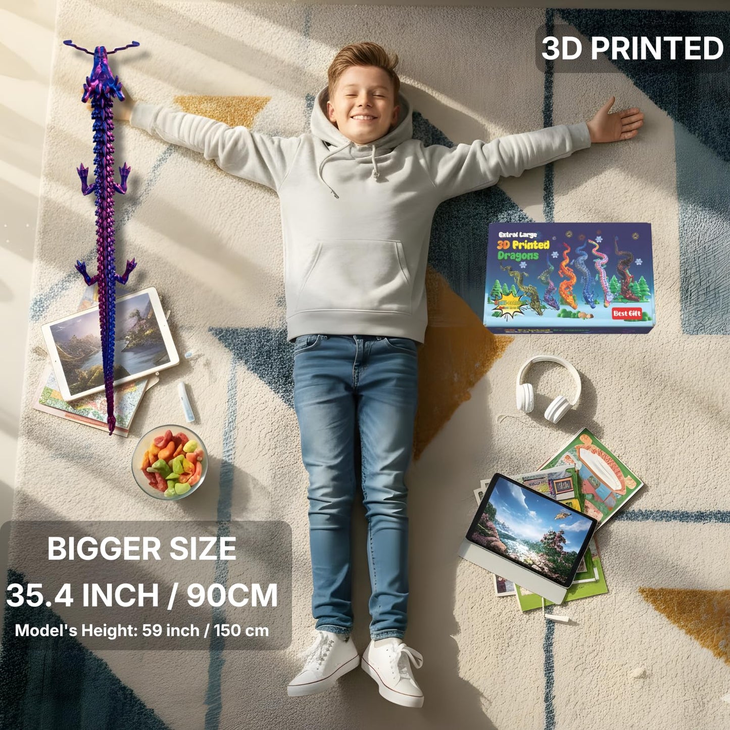 35.4'' Extra Large 3D Printed Dragon Toy, Giant Fully Articulated Chinese Dragon Fidget, Collectible Home Office Desk Decor, Surprise Stress Relief Gifts for Kids & Adults (Green Gradient)