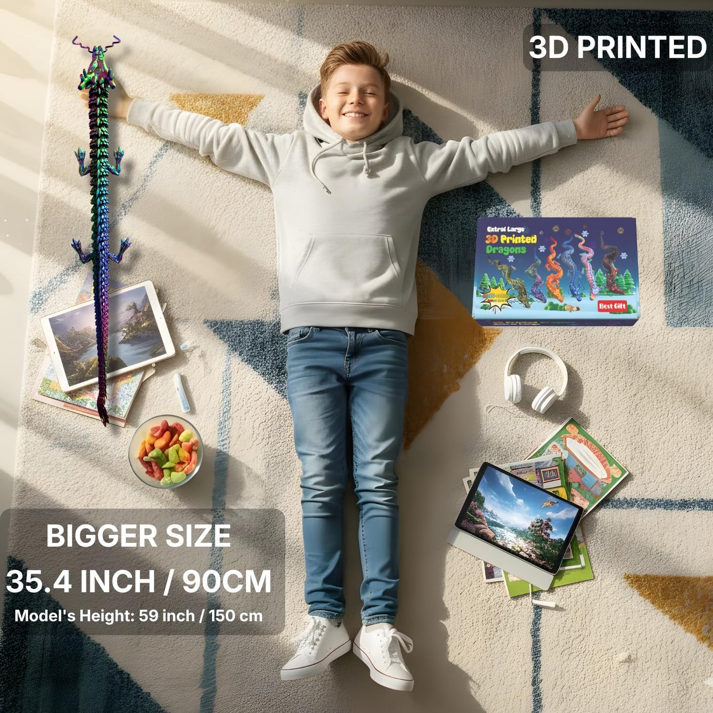 35.4'' Extra Large 3D Printed Dragon Toy, Giant Fully Articulated Chinese Dragon Fidget, Collectible Home Office Desk Decor, Surprise Stress Relief Gifts for Kids & Adults (Green Gradient)