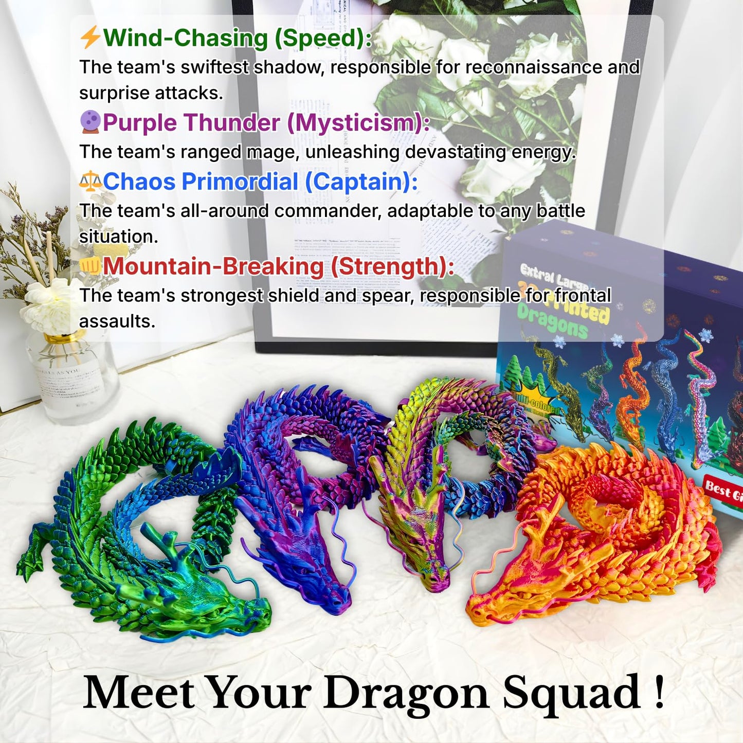 4 Pack 24" Large 3D Printed Dragon Toys, Articulated Chinese Dragons for Family Interaction & Imaginative Play, Collectible Home Office Desk Decor, Unique Birthday & Easter Gifts for Kids