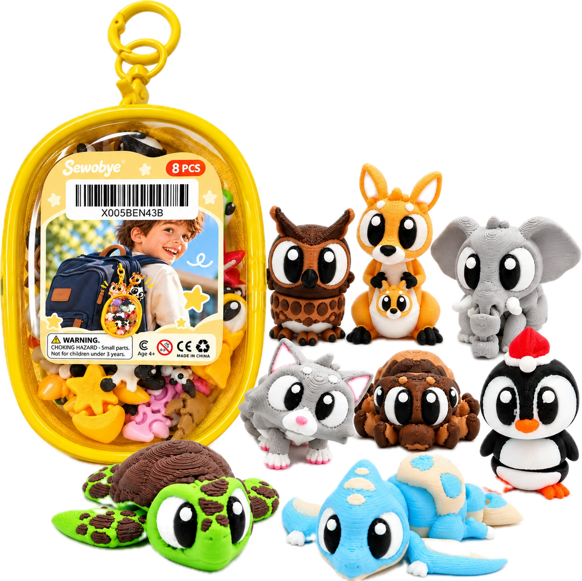 Eight mini animal figures beside a yellow clip-on carry case
