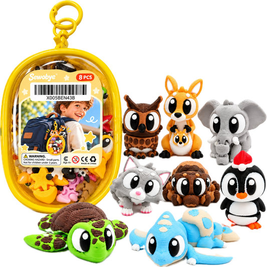 Eight mini animal figures beside a yellow clip-on carry case